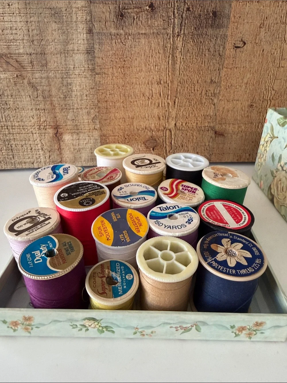 Floral Storage Box - Blue Cream with assorted random thread spools